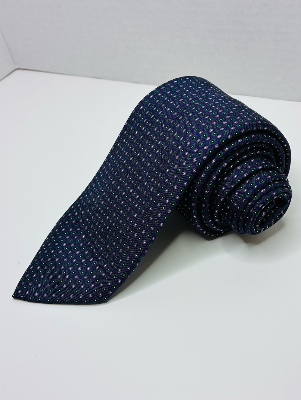 VTG Brioni Italy Silk Tie Purple Green Geometric Medallion Foulard Excellent 60”